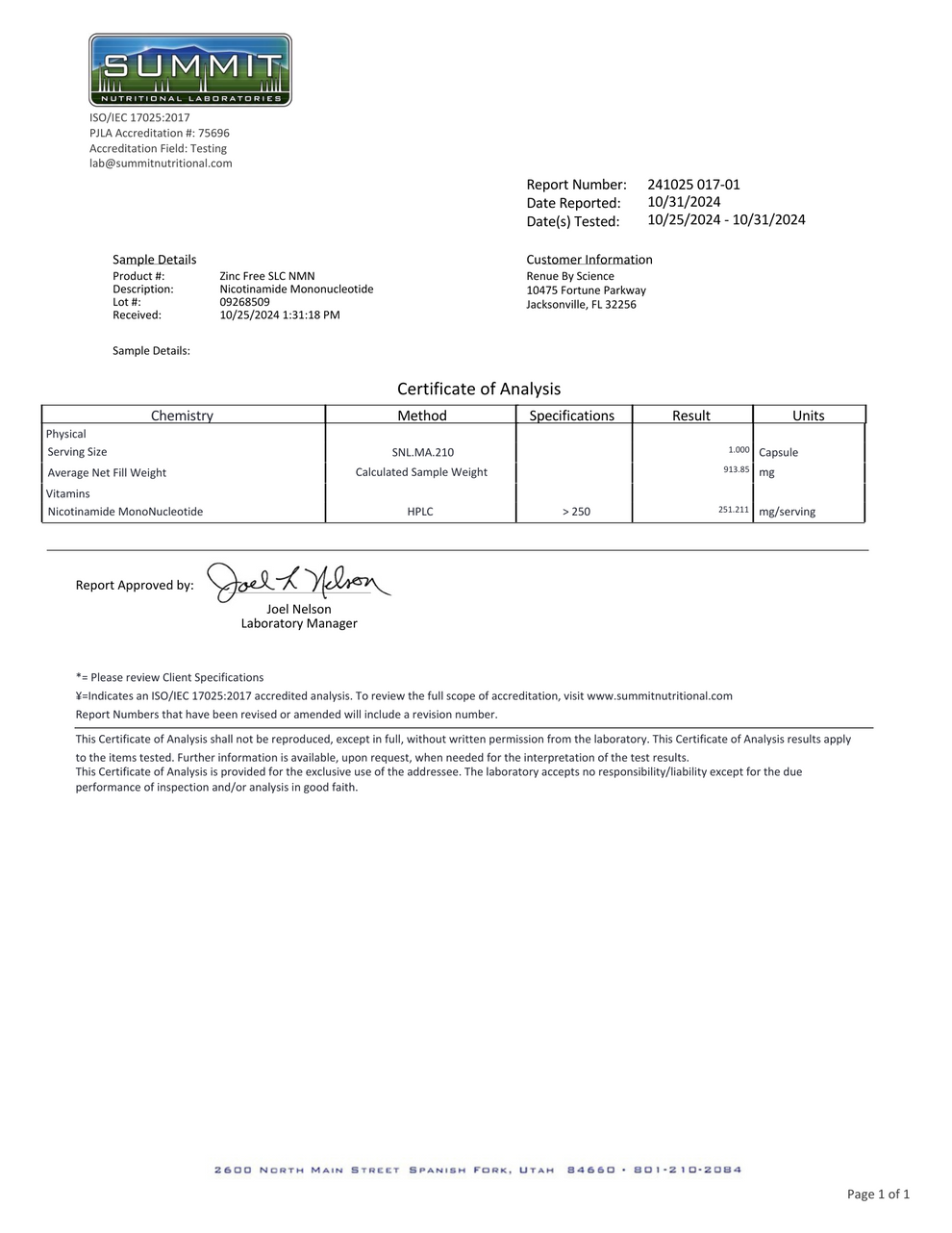 SLC Enteric NMN Zinc Free (Nicotinamide Mononucleotide, Delayed Release) 60ct